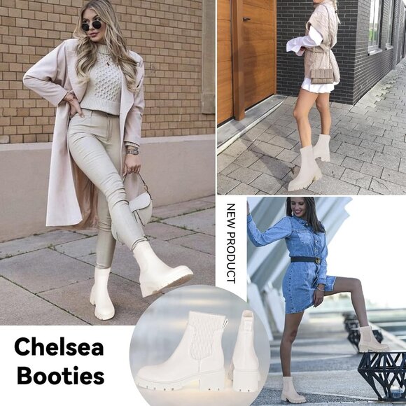 Women Cream Suede Low Wedge Heel Slip On Chunky Platform Chelsea Ankle Boots - Picture 6 of 6